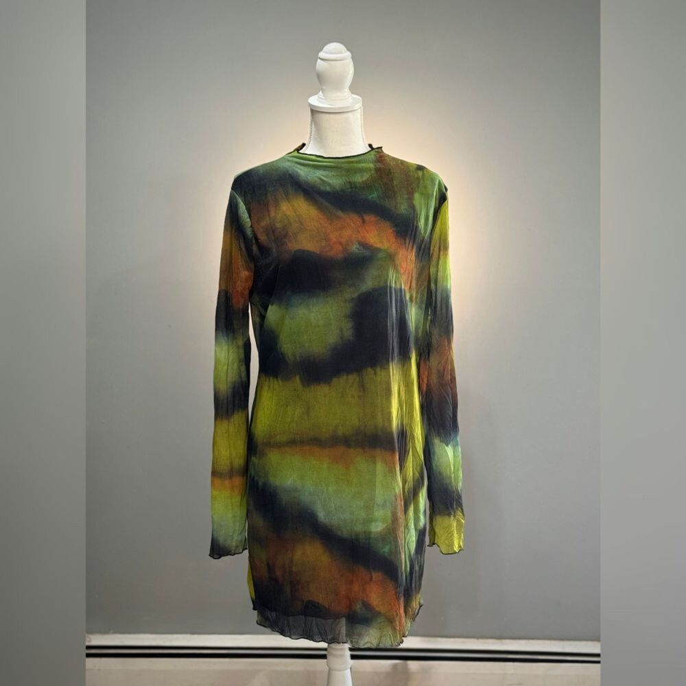 Green Topshop L/S Crinkle Mesh Mini Dress Size M (8-10) EUC
